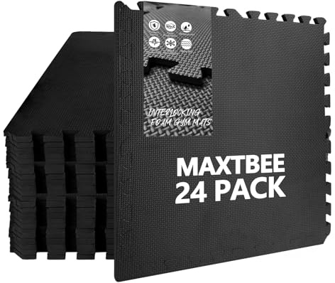 MAXTBEE 1,27 cm tjocka gymnastikgolvmattor (96 m²), 24 kakel, 61 x 61 cm, EVA-skum med hög densitet, fitnesstudio golvbeläggning för hem, gym, tyngdlyftning, barnområde, halkfri