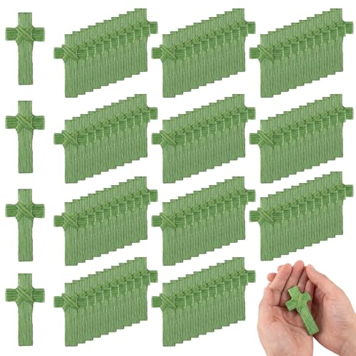 Resurhang 100 Pcs 1'' x 2'' Mini Hand Made Palm Sunday Crosses Green Artificial Holding Hand Paper Palm Leaves for Bookmark Church Events