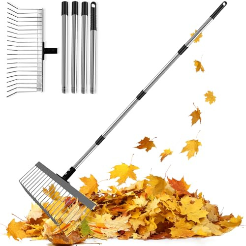YTACREA Rechen Garten, Laubbesen Metall mit 160cm Edelstahl Stiel & 21 Zinken, Gartenharke, Laubharke für Garten, Rasen, Strauch, Gras, Mulch, Robuste Rasenharke, 40cm Breiter Kleinem Rechenkopf