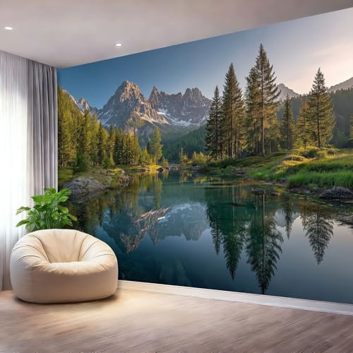 Carta da Parati Fotografica Paesaggio Naturale Tramonto Foresta Lago, 250 x 175 cm Fotomurali Tessuto Non Tessuto, Colorato Decorazione Murale Carta da Parati per Soggiorno Camera Da Letto Ufficio
