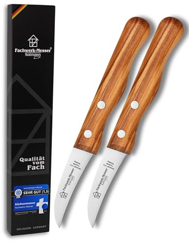 Fachwerk-Messer 2er-Set Schälmesser Olivenholz - Küchenmesser aus Solingen/Germany - Testsieger - Universalmesser Rostfrei - 2 Stück gebogene Klinge
