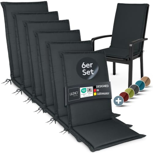 LILENO HOME Gartenstuhl Auflagen [6er Set - Hochlehner] in Anthrazit | bequeme Liegen als Sitzauflagen für Gartenmöbel - Stuhlkissen für Gartenstühle und Klappstühle MIA