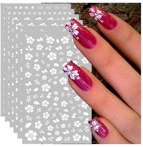 Exylosluxek Nagelsticker Selbstklebend - 6 Bögen Weiße Blumen Muster Nagelaufkleber für individuelle DIY Nageldesign & Nagelkunst