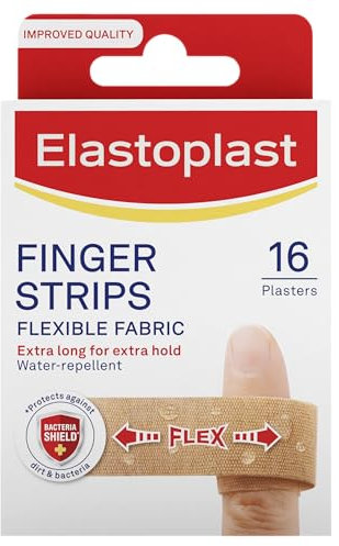 Elastoplast Extra Flexible Finger Strip Plasters (16 Pieces), Flexible and Durable Plasters for Fingers, Stretchy Fabric Plasters, Plasters Waterproof