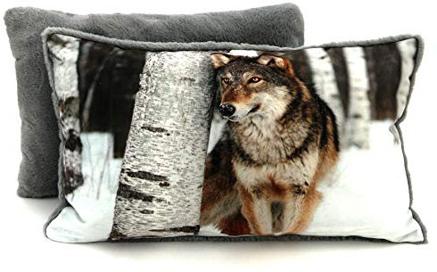 heimtexland ® Kissenhülle Wolf 30x50 cm mit Teddy-Plüsch - hochauflösender Digital-Fotodruck auf samtig weichem Velour Kissen Hüttenstil Waldtiere Dekokissen Typ587