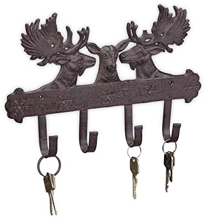 Relaxdays Hakenleiste Vintage, Gusseisen, HBT: ca. 21 x 31 x 4 cm, 4 robuste Haken, Elch, Garderobe zum Schrauben, braun