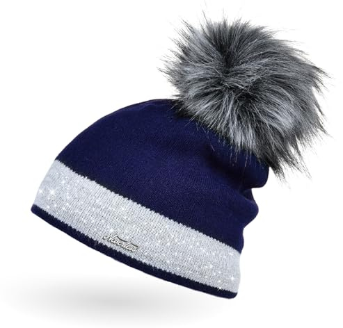 Neverless Damen Strick-Mütze gefüttert mit Fell-Bommel Kunstfell Winter-Mütze Feinstrick Glitzer-Garn Bommelmütze