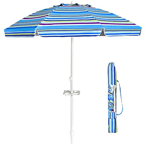 GIANTEX Parasoll, 220 cm strandparasoll med förankring och mugghållare, lutbart trädgårdsparasoll, terrassparasoll med bärväska, runt solskydd, UV50+ (färgglada ränder)
