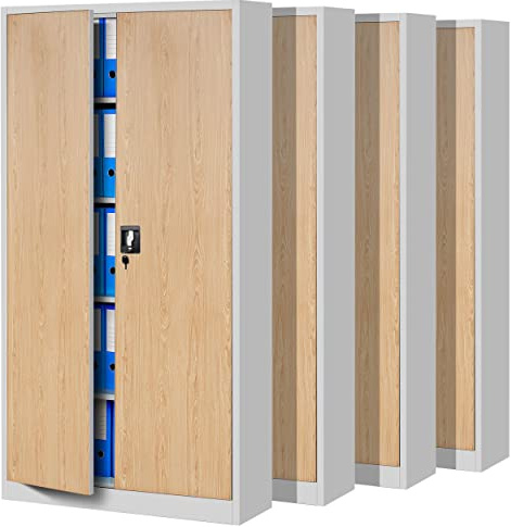 Jan Nowak Set di 4 Armadio da Ufficio C001 Archivio per Officina in Metallo Verniciato a polvere Chiudibile 185 cm x 90 cm x 40 cm (Bianco-Aspetto Legno)