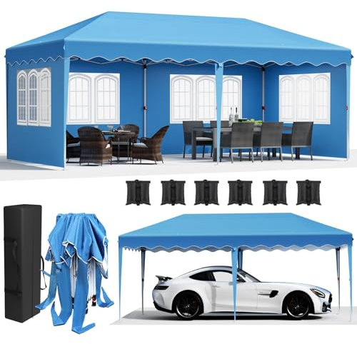 Pavillon 3x6 Faltpavillon mit 4 Seitenteilen 6 PCS Sandsack, Wasserdicht Partyzelt 420D Oxford Verdicken, Anti-UV 50+ Gartenpavillon, inkl. Tragetasche, Pavillons für Garten Party Hochzeit,Blau