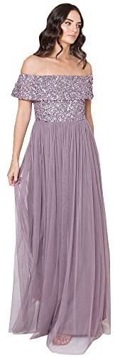 Maya Deluxe Women's Ladies Bardot Dress Maxi Embellished Hight Empire Waist Sleeveless Tulle for Wedding Guest Prom Graduation Bridesmaid, Moody Lilac, 6
