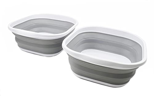 SAMMART 10L zusammenklappbare Wanne – Faltbare Geschirrwanne – tragbares Waschbecken – platzsparende Kunststoff-Waschwanne (2er-Set) (Weiß/Grau)