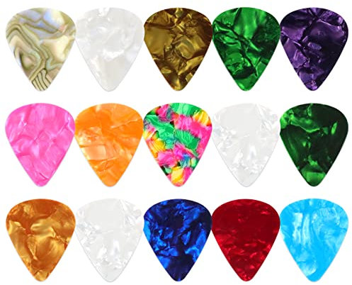 Redamancy 15 Stück Plektren Plectrum, Celluloid Guitar Picks, 0.46/0.71/0.96mm 3 Verschiedene Gitarren Plektren, Plektrum für Akustikgitarre, E-Gitarre, Bass