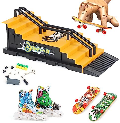 Fingerboard Ramp Set, Finger Skateboard Park Kit with 2 Skateboard 1 Rollerskate, Customisable and Buildable Ramp Set, Kids Toy for Boys and Girls Ages 6 and up (1810-6F)