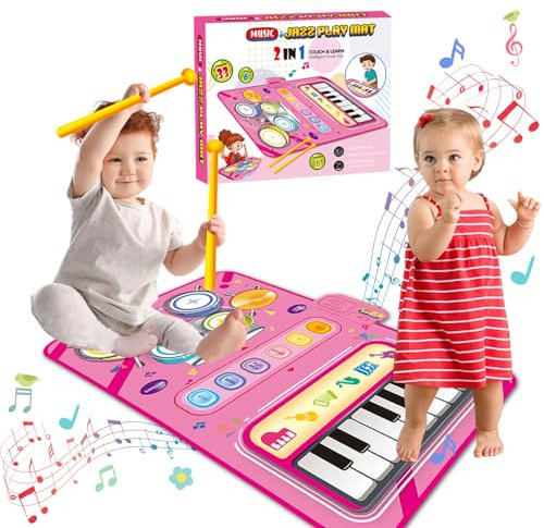 DQMOON Musikmatte mit 2 Trommelstöcke, Mädchen Geschenke Kinderspielzeug Musik Klaviermatte Tanzmatte Keyboard Kinder, Kindergeburtstag Geschenke für Jungen Mädchen 3 4 5 6 Jahre, Weihnachts Geschenke