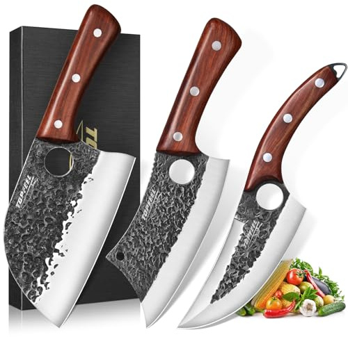 Topfeel 3PCS Butcher Knife Set, Hand Forged Serbian Chef Knives & Meat Cleaver & Viking Knives, Meat Cutting Kitchen Knife Set for Home, Outdoor Cooking, Camping BBQ Gift Idea Men