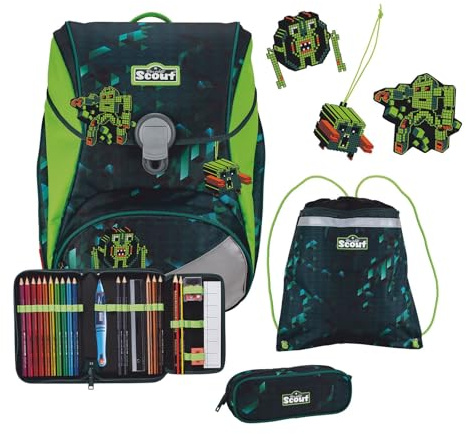 SCOUT Alpha Schulrucksack-Set 4-teilig, Softer Schulrucksack für die Grundschule 1. bis 4. Klasse – geräumig, sicher & ergonomisch, höhenverstellbar, ca. 20 l Volumen (Cubes)