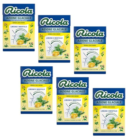 Ricola® | Caramelos duros de acción glacial | Caramelos de hierbas suizas sin azúcar, limón y mentol - 6 cajas (300 Gr)