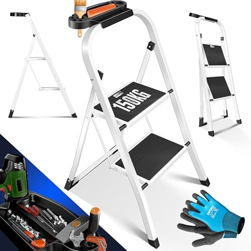 MASKO® Trittleiter Klappleiter 2 Stufen-Leiter Stufenleiter belastbar bis 150 kg | Tritthocker Anti-Rutsch | Klapptritt Leiter inkl. Handschuhe, Werkzeugablage & automatisches Schloss, Weiß