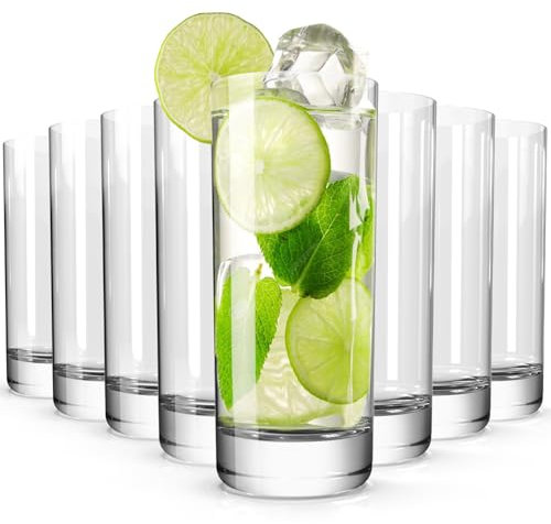 Wlasss Drinking Glasses Set of 8, 16oz Glass Cups, Kitchen Highball Glasses for Beer, Juice and Cocktail, Collins Water Glasses for Bar Glassware, Unique Gifts for Christmas