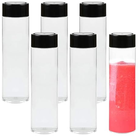 LoNinLoAn Leere Kunststoff-Saftflaschen mit schwarzem Deckel, transparent, wiederverwendbar, sensorische Smoothie-Flaschen, PET-Kunststoffflaschen, für hausgemachte Saft-Getränke und Milch, 6 Stück