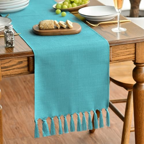 Artoid Mode Türkis Landhausstil Quasten Tischläufer, Waschbar Küche Tisch Dekoration Party Geburtstag Hochzeit Dekor 33x243 cm