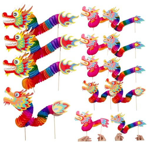 Dragon du Nouvel An Chinois 12 PCS 4 Styles Marionnette de Dragon en Papier 3D DIY Artisanat du Nouvel An Extensible pour Enfants Fête du Festival de Printemps Marionnette de Dragon en Papier Dragon C