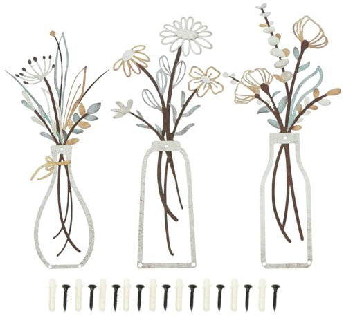 Suerhatcon 3 Stück Metall Blumen Wanddekoration, Metallbilder Wandkunst Dekor für Schlafzimmern Wohnzimmern Badezimmer Fluren (Hellblau)