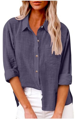 Musselin Bluse Damen Aus Baumwolle Und Leinen, Sale Angebote Langarm Hemde Mit Revers Und Knopftasche, Günstig Shirt Top Casual Fashion, Oberteile Elegant Schick, Bluse Leicht Und Luftig
