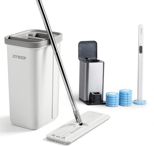 JOYMOOP White Flat Mop & Bucket with 1 Microfiber Pad, 12 Disposable Toilet Brushes, Stainless Steel Toilet Brush and Holder Set, Multi-Functional Cleaner for Floors, Windows, and Toilets