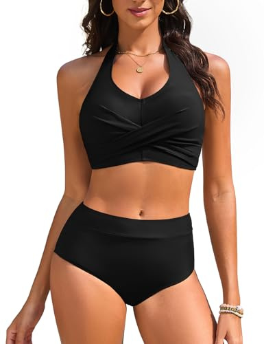Vijamiy Maillot de Bain Femme 2 Pieces Taille Haute Ventre Plat Bikini Sexy Col en V Bandeau Ajustables Swimsuit Élégant Piscines de Plage(Noir,L)