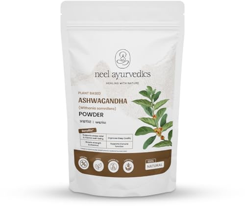 Neel Ayurvedics Ashwagandha Pulver 100 g – Withania somnifera Wurzel | Bio Vegan Glutenfrei | Ideal für Smoothies, Goldene Milch, Yoga & natürliche Ernährung