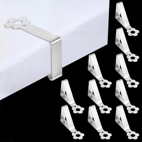 Nogeqi 10 Pcs Tablecloth Clips for Outdoor Tables Flower Design Stainless Steel Table Cloth Clips, for 2.5 to 4 cm Thick Table Top, Indoor Outdoor Tablecloth Holder, Silver