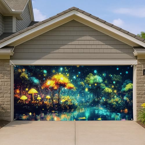 Couverture de porte de garage de forêt enchantée, paysage de conte de fées vibrant, grande décoration de porte de garage, extérieur et intérieur, toile de fond de fête printanière, décoration magique