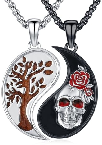 MEDWISE Tree of Life Yin Yang Necklace Double 925 Sterling Silver Tree of Life Skull Pendant Partner Chains Natural Ebony Wood Necklace Yin Yang Jewelry Gifts for Women Men Couple Him Her