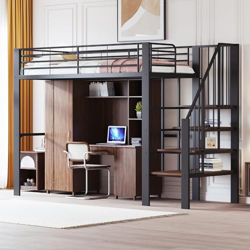 Merax Hochbett 90x200 cm aus Metall, Stauraum unter dem Bett, Leiter inklusive, Platzsparendes Bett, für Kinder und Erwachsene, Schwarz (ohne Matratze)
