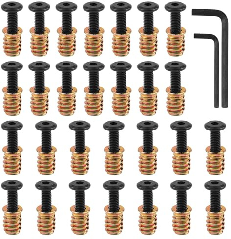 28 piezas de inserción roscada de madera, tornillos, tornillos de cabeza plana, tuercas roscadas, conectores de pernos de madera, M6 x 20 mm, con llave Allen, para conexiones de muebles de madera