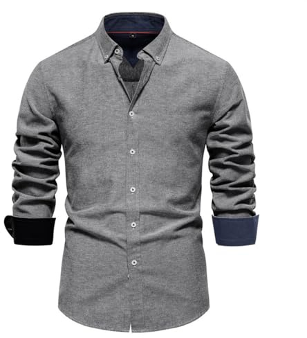 Allthemen Camisa de Vestir Formal Hombre Slim Fit Shirts Manga Larga de Algodon con Botones Solidos Negocios Gris L