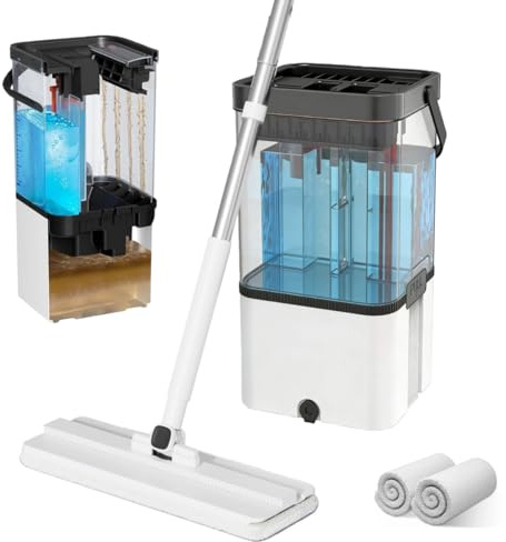 L'eau propre et sale sépare le balai plat et le seau, système révolutionnaire de serpillère plat avec 2 tampons en microfibre réutilisables, économisant de l'eau pour le nettoyage des sols stratifiés