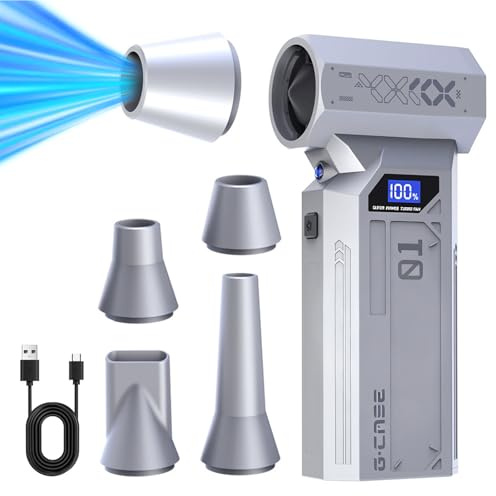 AURIVEE Electric Air Duster, 120000 U/min 4-Stufen kabelloser tragbarer Handgebläse mit LED-Leuchte & Zubehör-Düsen, für Auto, Garage, Terrasse, Rasen, Garten (Silber)