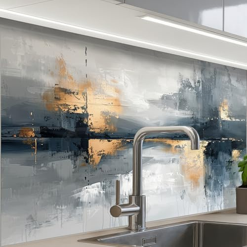 KitchenYeah© Crédence Cuisine À Coller Protection Plaque De Cuisson Adhesif | 60x80 cm - Plastique Rigide Dalle Murale Art - Gris - Or - Abstrait