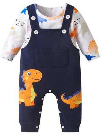 Kumsolu Toddler Baby Boy Clothes Dinosaur Long Sleeve Romper Dungarees Pants 2Pcs Set （6-9M）