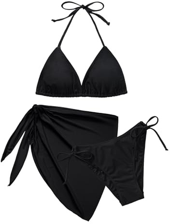 Svanco Cute Bikini Damen Set 3 Teilig mit Blumenmuster - Triangle Neckholder Oberteil, Unterteil Seitlicher Schnürung und Wrap Rock