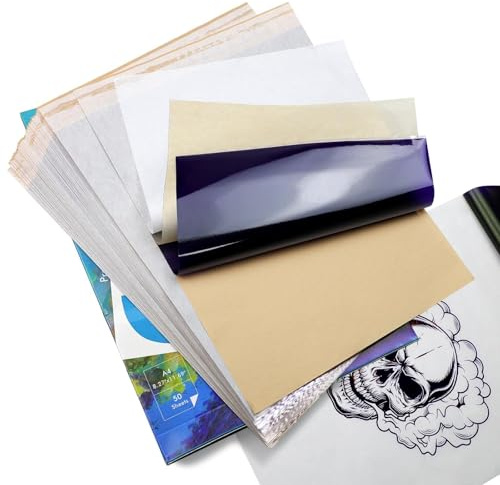 TATELF Tattoo Transferpapier, 50 Blätter Stencil Papier für Tattoo-Transfer, Tattoo Zubehör Schablone Papier für Tätowieren, A4 210x297mm, Kompatibel mit H1 Tattoo Drucker