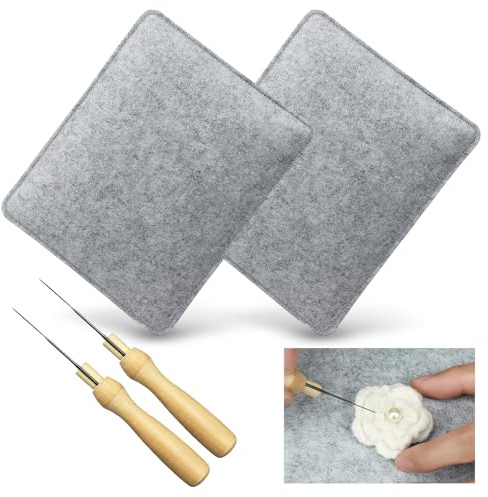 2 ensembles Kit de Démarrage pour Laine à Feutrer à Sec, Matelas de Feutrage Professionnel avec Porte-Aiguilles et Aiguilles, Coussin de Feutrage pour Créations en Laine