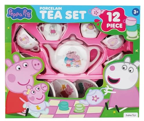 Barbo Toys – Peppa Gris teservis i porslin 12 delar | Rollspel-teset för barn från 3 år | koppar, tefat, tekanna, kanna och sockerskål | Främjar fantasi och sociala färdigheter