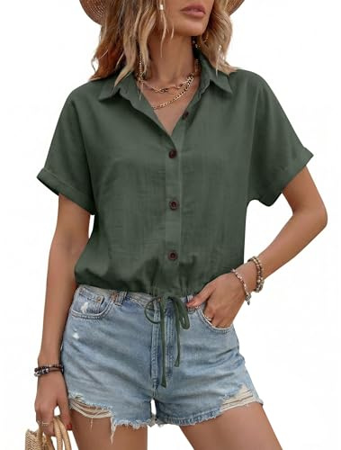 Enmain Ladies Linen Blouses Short Sleeve Cotton Linen Shirts for Women Casual Summer V Neck with Adjustable Drawstring Hem Regular Fit Work Office Beach Blouse Shirts Tops