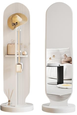 Specchio a figura intera con appendiabiti, girevole a 360°, per camera da letto e guardaroba, specchio autoportante con ganci, bianco, 46 x 168 cm