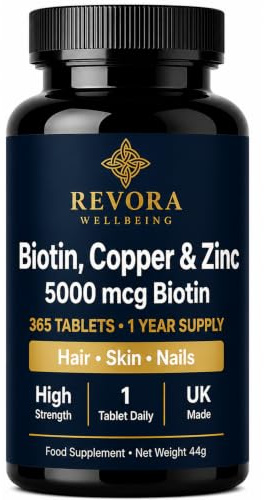 Revora Biotin 5000mcg (Vitamin B7) with Zinc & Copper Tablets, 1 Year Supply, 365 Tablets, Hair Skin & Nails Support, High Strength Biotin Supplement, UK Made Vegan