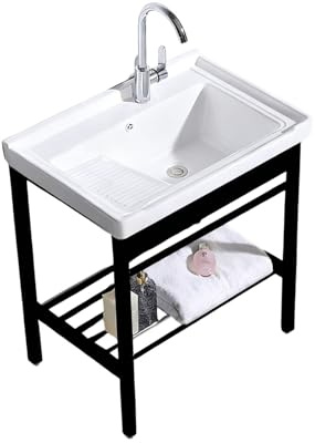 Large Utility Sink Laundry Utility Sink Freestanding Ceramic Laundry Sink with Integrated Washboard Hot and Cold Water Faucet Heavy Duty Stand(80cm)